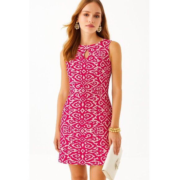 Chaps Dresses & Skirts - Chaps Keyhole Sheath Dress Cotton-Blend Preppy Pink/White Geometric 4 Resortwear